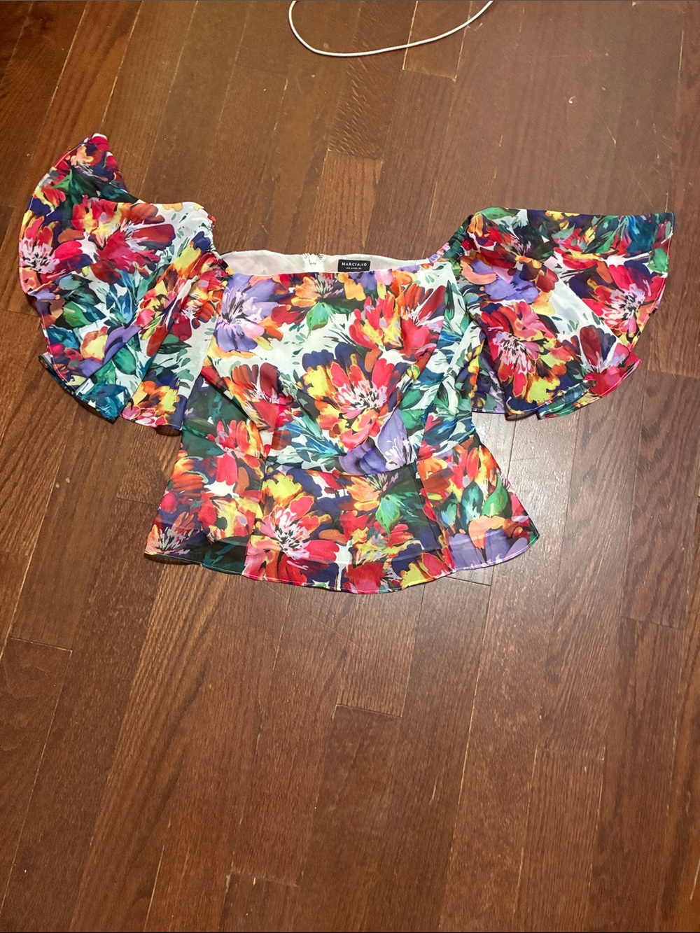 Marciano Off-Shoulder Floral Peplum Top in Red, Purple and Green